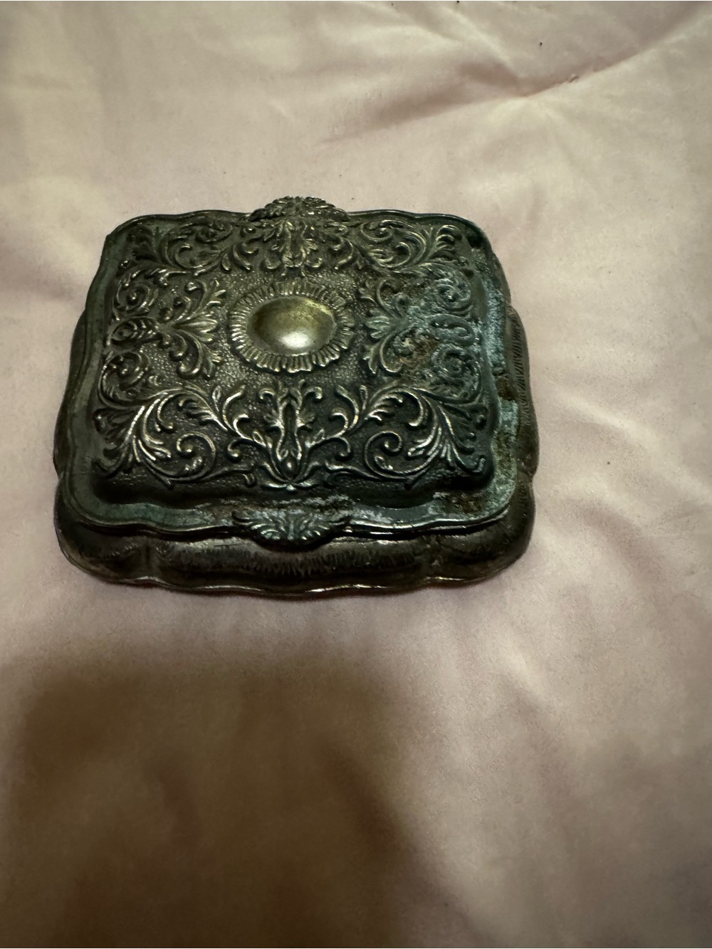Embossed Metal Trinket Box in Dark Silver Finish